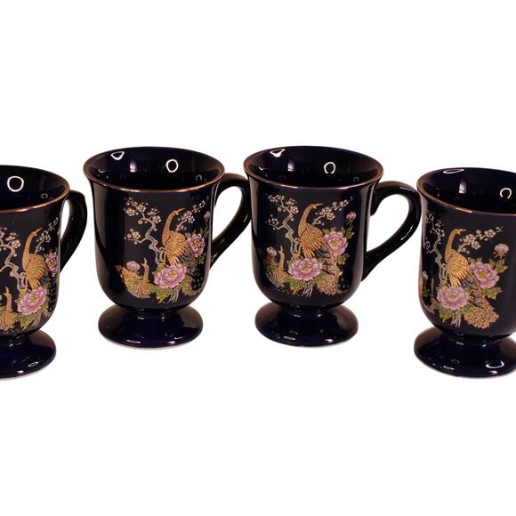 YChina Japan Pedestal Mug SET of 4 Cobalt Blue Peacock And Floral Pattern - Picture 1 of 10